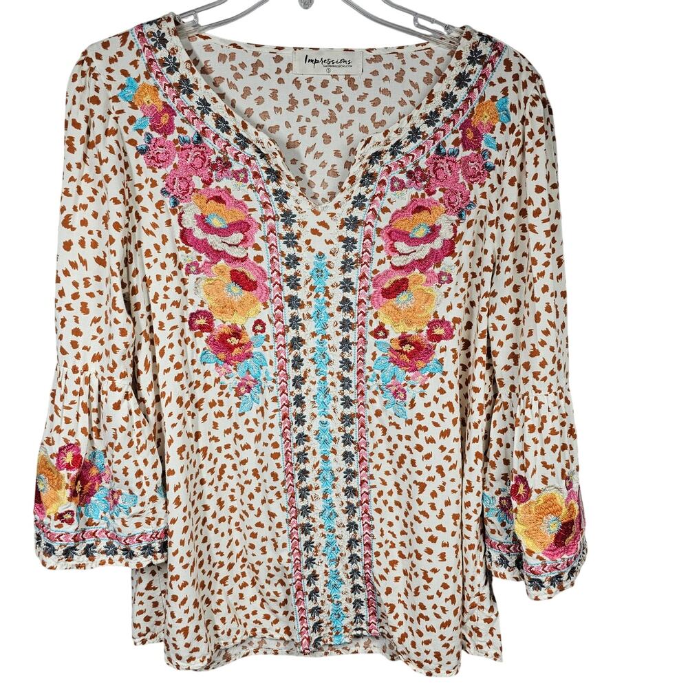 Impressions Boho Hippie Artsy Leopard Embroidered Top Cream/Camel Size S,